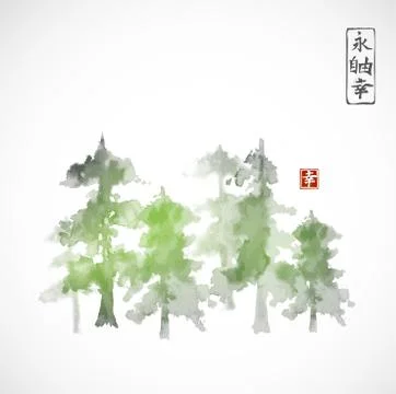Forest trees hand drawn with ink Stock Illustration