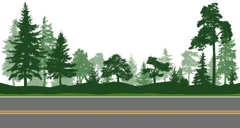 Forest trees, horizontal road. Vector illustration Ilustração Stock