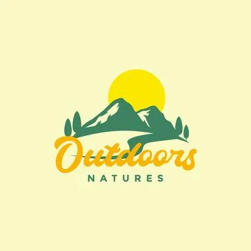 Forest trees mountain sun sunset afternoon outdoor colored vintage logo des.. イラスト素材