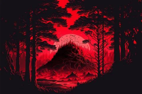 Forest With Trees In Red Effect HD Red Aesthetic Wallpapers Stock Illustration