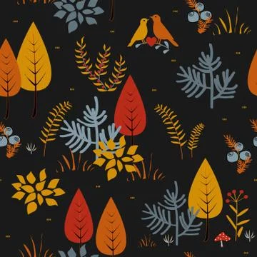 Forest trees seamless vector pattern. Hand drawn background with plants, gras Illustrazione stock