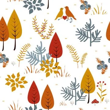 Forest trees seamless vector pattern. Hand drawn background with plants, gras Stock Illustration