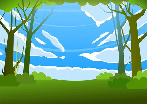 Forest trees vector. Dense wild plants with tall, branched trunks. Sky with c Stock Illustration
