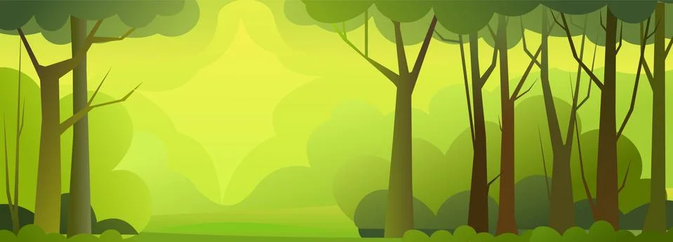 Forest trees vector. Dense wild plants with tall, branched trunks. Foggy. Summer Stock Illustration