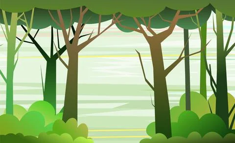 Forest trees vector. Dense wild plants with tall, branched trunks. Summer gre Stock Illustration