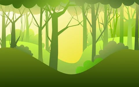Forest trees vector. Dense wild plants with tall, branched trunks. Summer gre Stock Illustration
