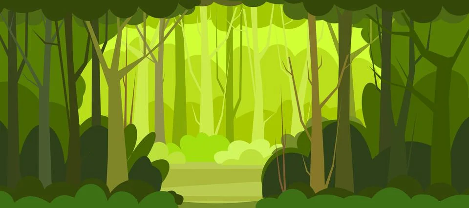Forest trees vector. Dense wild plants with tall, branched trunks. Summer gre Stock Illustration