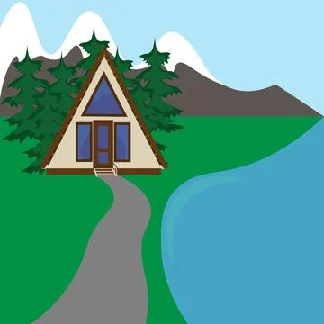 In the forest, a triangular eco-house on the shore of a mountain lake near the Illustrazione stock