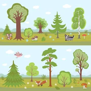 Forest vector landscapes set. Cartoon nature panorama with trees Stock Illustration