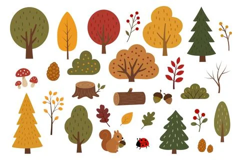 Forest vector set with cute squirrel, trees, mushrooms, and nature elements イラスト素材