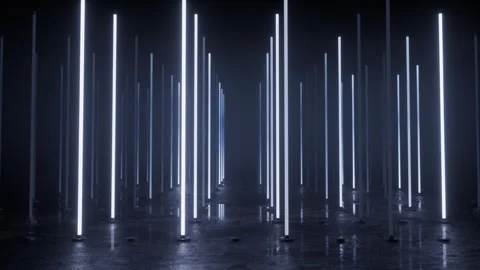Forest of vertical light tubes in a dark reflective space Stock Footage 346781344