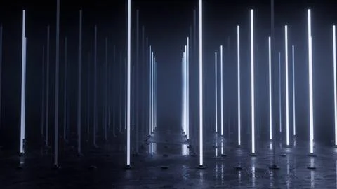 Forest of vertical light tubes in a dark reflective hall Ilustração Stock