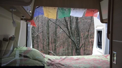 Forest view through interior of a camper van Stock Footage 98040038