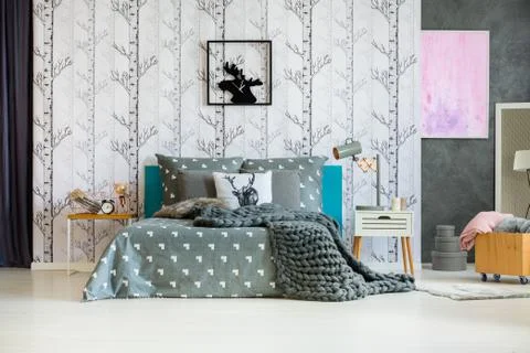 Forest wallpaper in bedroom Stock Photos
