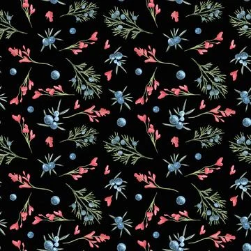 Forest watercolor juniper seamless pattern with red leaves of blueberry on black Stock Illustration