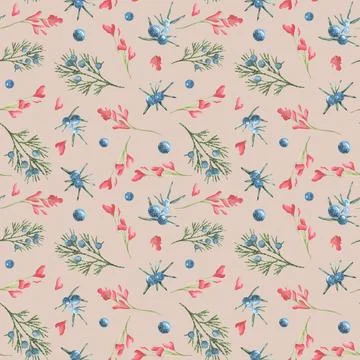 Forest watercolor juniper seamless pattern with red leaves o blueberry on beige Stock Illustration