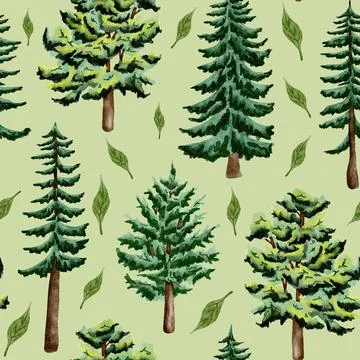 Forest watercolor tree. Camping seamless pattern. hand drawn illustration for Stock Illustration