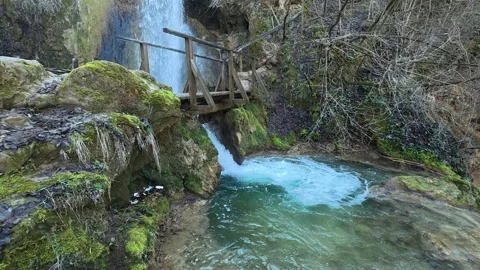 Forest Waterfall and Natural Pool – Slow Upward Camera Move Stock Footage 330934095