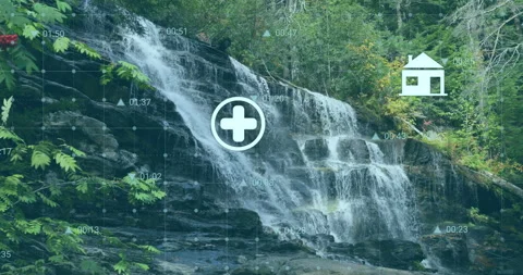 Forest waterfall cascading over rock ledges blending with futuristic grid nodes Stock Footage 308655452