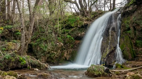 Forest waterfall on mountain river. Easy zoom out Stock Footage 62967661