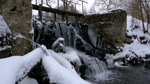 Forest waterfall in winter Stock Footage 110736129