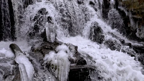 Forest waterfall in winter Stock Footage 115789596