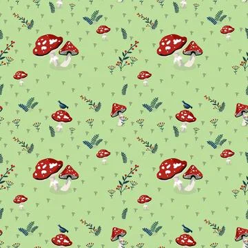 Forest whimsy, seamless fly agaric and tit bird pattern Stock Illustration
