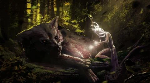 The forest white druid girl heals the terrible wounded huge mad wolf with her Illustration