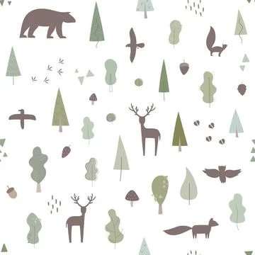 Forest with wild animals seamless pattern for textile, camping staff, web design Stockillustratie