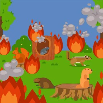 Forest wildfire with rodents, vector illustration. natural disaster, ecology Illustrazione stock