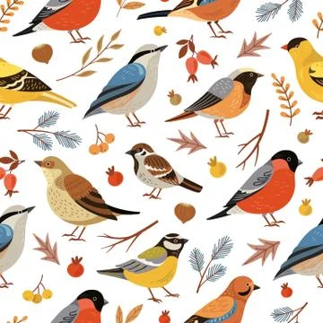 Forest winter birds pattern. Forest animal background, flat snowy tree branches Stock Illustration