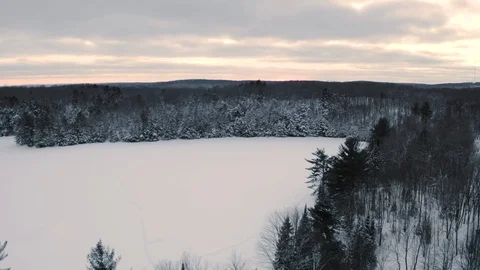 Forest in the winter during sunset Aerial Drone Footage Stock Footage 122796855