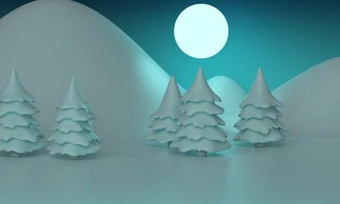 Forest winter landscape with moon. 3d rendering Ilustração Stock