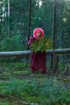 The forest witch in purple clothes performs an magical ritual with a fern. 写真素材