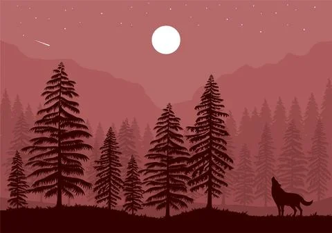 Forest with a wolf and full moon vector Stock Illustration