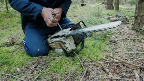 A forest worker prepares a chainsaw for work. Chainsaw chain tension. 库存影片 140249763