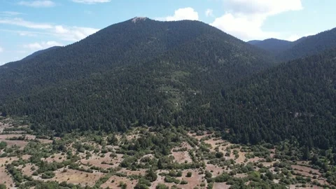 Forested mountain peak above wide rural plain with highway through trees Stock Footage 344094800