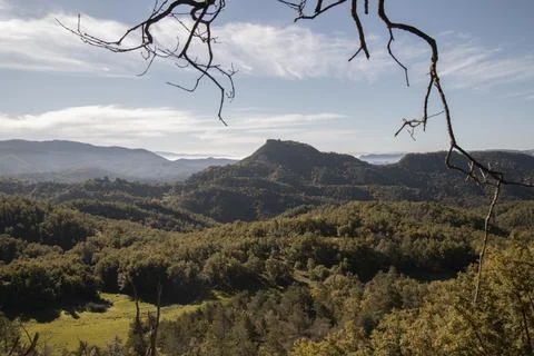 Forested mountains creating a valley view under blue sky Stock Photos