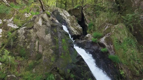 Forested Rock Mountains With Fervenza de Raxoi, Waterfall In Valga, Spain Видео 336458922