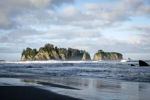 Forested sea stack rock formations rising from ocean waves Stock Photos