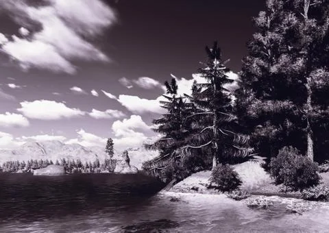 Forested shore over ocean Stock Illustration