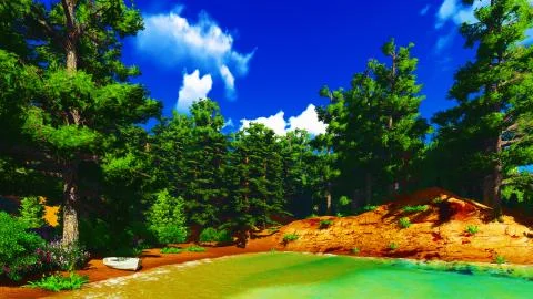 Forested shore over ocean Stock Illustration