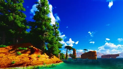 Forested shore over ocean Stock-Illustration