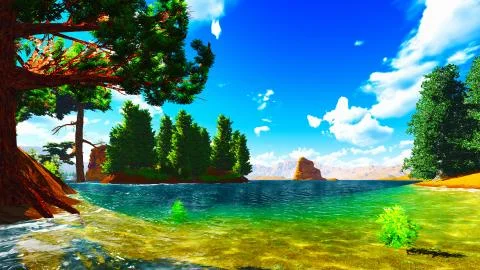 Forested shore over ocean Stock Illustration