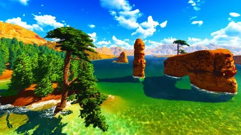 Forested shore over ocean Stock Illustration