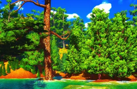 Forested shore over ocean Stock-Illustration