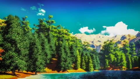 Forested shore over ocean Illustrazione stock