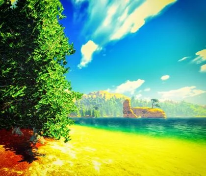 Forested shore over ocean Stock Illustration