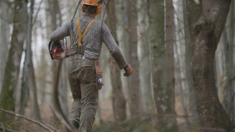 Forestman walking with a chainsaw 스톡 동영상 92890340
