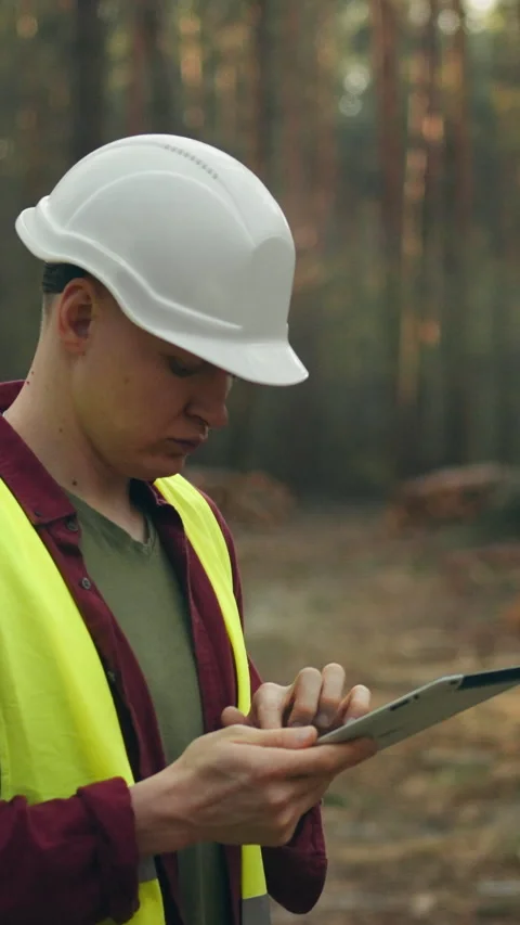 A forestry engineer also a lumberjack wearing a safety helmet and bright ves Stock Footage 338199110